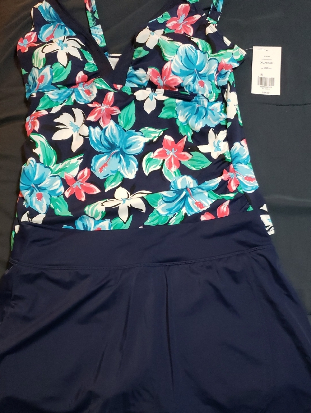 NWT-Kim Rogers XL Floral Tankini Top in Navy with Light Blue/Pink Accents